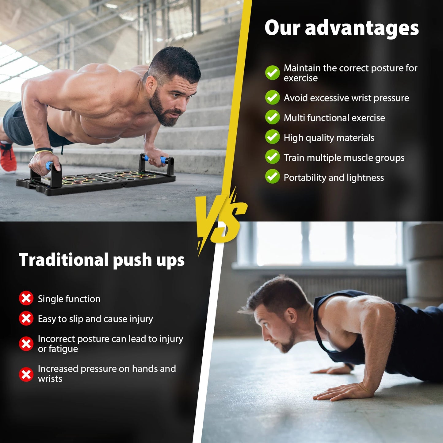 Portable Foldable Multi-Purpose Push-Up Board with Handles and Resistance Bands - Fitness Equipment, Home Gym Indoor Training