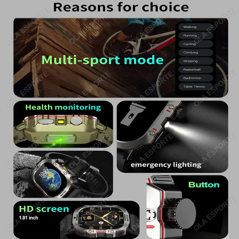 2025 New Military Smart Watch Men IP68 5ATM Outdoor Sports Fitness Tracker Health Monitoring 2.01Inch Bluetooth Calls Smartwatch