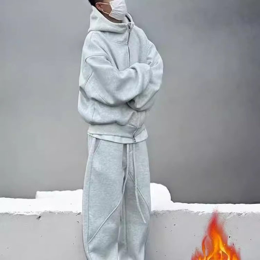 Autumn Winter Fleece-Lined Extra-Thick Men's Set Hoodie And Sweatpants